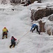 a destra, sulla roccia, la prima sosta.<br />In alto, sulla roccia, la seconda sosta