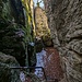 Die Höllenlöcher. Irgendwann wird das gesamte Gebirge links der Kluft ins Tal abgehen und die Wände rechts im Bild die neue Traufkante bilden. Die Leitern kämen dann angesichts ihrer Installation beide mit.