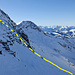 Während meiner Mittagspause passiert es. Auf der Spur zum Skidepot vom Gsür, auf welcher an diesem Tag bestimmt schon ein Dutzend Tourengeher drüber watschelten, löst sich ein Schneebrett mit einem Tourengeher. Er bleibt erst weit unten liegen. Ich hoffe es geht ihm dementsprechend gut. Gute Besserung!