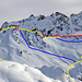Blick auf die erste Bergkette der Rundtour: Gelb = Mit Skiern, Rot = Kraxelgelände, Blau = Alternativen