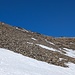 Beim Abstieg bin ich zuerst zu Fuss etwa 100 Hm über diese apere Geröllhalde nach Süden abgestiegen (T3). Es sieht zwar nicht so aus, aber es ist bis zu 35° steil.