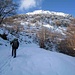 Il bosco si apre ed intercettiamo una stradina gippabile (che faremo al ritorno), mentre lo spessore della neve aumenta.