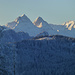 Kurz vor der Umkehr ca. oberhalb Blösch: Blick nach SSW zum "Freiburger Hochgebirge" mit den drei stolzen Gipfeln Dent de Brenleire, Dent de Folliéran und Vanil Noir (Foto vom 12.1.2025)