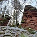 Hier stehen drei Felstürme im Wald, der größte ist 16 Meter hoch. 