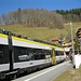 Start am Bahnhof Bad Griesbach. Die neuen Züge auf der Renchtalbahn fahren zuerst im Rheintal unter der Oberleitung mit Stromabnehmer, und dann im Renchtal mit Batterie und abgesenktem Stromabnehmer (im Foto sichtbar).