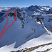 Nochmaliger Blick vom Brisen nach SE zu Brisensattel, wo gerade die Genueser Siesta halten, und zum gewellten W-Grat zum Hoh Brisen mit den beiden Abfahrtsrouten durch das NW-Couloir und über die N- und NW-Flanke. Am Horizont die gleichen Gipfel wie auf dem vorigen Bild, rechts ergänzt durch den Blackenstock