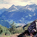 Blick vom Zuniganstieg über die Zunigalm und Matrei in Osttirol. Der steile Fels des Falkenstein (1711 m) und Schloss Weißenstein sind gut zu erkennen. Im Hintergrund die Granatspitzgruppe, unterhalb des Nussingkogels die Proßeggklamm im Tauerntal.