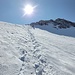 Abstieg vom Gipfel im Bereich des oberen Schneefeldes