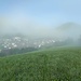 Blick auf Hausen und Weigoldsberg, vom sich lichtenden Nebel ganz verschwommen.