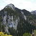 Der Schwarzenkopf ist nochmal 250 Meter höher als der Baumgartenkopf. Rechts der Bildmitte sieht man einen hellen Grat, der eine Runse begrenzt. Mein Aufstieg geht direkt rechts dieses Grates durch den Wald in die Scharte und über den Südgrat zum Gipfel. Wo ist eigentlich der Schafstall?