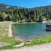 Am nördlichen Arnenseeufer liegt ein kleiner Staudamm (rechts im Bild der Abflussschacht).