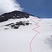 Von der Hütte aus sehen wir unser morgiges Gipfelziel von Nahem. In rot unsere ungefähre Aufstiegsroute über den Steingletscher bis zum Grat. Danach alles dem Grat entlang bis zum Gipfel.