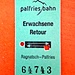 Man kann auch digital buchen mit Bahnreservierung. Am Schalter erhält man diese nostalgische Fahrkarte. Freundliches Personal überall und einen Preis von 22 SFR für eine Retourfahrt über fast 1300 Höhenmeter, der sich sehen lassen kann. Wie mir ein Local in der Gondel sagte, wird der Betrieb mit ehrenamtlichem Engagement bewerkstelligt. 