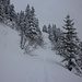 Kurze enge Steilstelle auf 1600m oberhalb Alp "Im Chäserwald". Dank dem vielen Neuschnee musste ich die Ski nicht tragen.