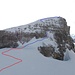 Zum Abschluss ein Übersichtsfoto, aufgenommen von [u adrian] am Gross Spannort. In roter Farbe ist der Aufstieg mit Ski eingetragen, in blau der Fussaufstieg. Die Kaminrinne ist aus dieser Perspektive nicht einsehbar, aber so findet man zumindest den Weg dahin, und in der Rinne wird man sich nicht verlaufen!
