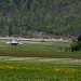 Das gibt's wohl nur in der Schweiz: Bauernhöfe, blühende Wiesen, Traktoren und mittendrin ein Kampfjet F/A-18, der von einem Einsatz zurückrollt. Der InterRegio Interlaken Ost - Luzern der Zentralbahn im Hintergrund rundet die Szenerie ab.