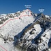 Meine Route aufs Schinhorn (3796,8m) über die Südflanke vom Beichgletscher. Für den Abstieg wählt ich den gestrichelten Direktabstieg vom Gipfel. Die Gletscherspalten werden Umgangen in dem man sich möglichst nahe unter den Felsen des Südwestgrates hält. Im Spätsommer wird die Tour wegen grossen Bergschründen und Blankeis oft sehr heikel - die Gipfelflanke hat eine Steilheit von 45°.<br /><br />Foto von Eugen Brigger vom Belgrat (3336m) vom 9.4.2011.