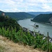 Blick über Kaub mit den Burgen Pfalzgrafenstein (rechts mitten im Rhein) und Gutenfels (links, oberhalb von Kaub)