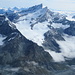 Weißhorn 4505m, Zinalrothorn 4221m und Obelgabelhorn 4063m<br />Im Vordergrund oberhalb der Moräne die Schönbielhütte