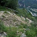 Weggerissene Zufahrtsstrasse zur Alpe Selvanera. Zu Fuss kommt man problemlos durch; eine kritische Stelle wird mit einem Holzsteg überbrückt. Im Talgrund ist der Ortsteil Bertonio zu sehen.