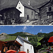 Damals und jetzt: Dorfmitte von Fäld auf einer alten Ansichtskarte, und wie es heute aussieht.