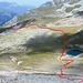 Il percorso da effettuare per arrivare dal'imbocco della Val Savriez alla cresta dell'Agnel. Il cerchio giallo indica il gruppo di sassi dove deviare<br />