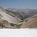 Im Aufstieg auf dem Horse Creek Trail - Rückblick: Viel Schnee und viel Geröll. Im Hintergrund sind Eagle Peak (mittig) und Robinson Peak (rechts daneben) zu sehen.