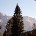 Blick am Nachmittag vom Wohnwagen zum Karwendel<br />bei Vergrößerung sieht man die Gipfelkreuze der Karwendelköpfe (links) und Westlicher Karwendelspitze leuchten