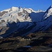 Aussicht von der Hörnlihütte (3260m) auf die Monte Rosa Gruppa mit den höchsten Gipfel der Schweiz (v.l.n.r.): Nordend / Punta Nordend (4609m), Dufourspitze (4633,9m), Zumsteinspitze / Punta Zumstein (4563m) und Signalkuppe / Punta Gnifetti (4554m). Etwas weiter hinten am Ende des Grenzgletschers ist die Parrotspitze / Punta Parrot (4432m).  Rechts auf dem Foto ist der Liskamm West / Lyskamm Occidentale (4479m) auf dessen Gipfel ich vor einem Monat stand.