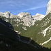 Links Rauhkarlspitze, Unbenannter Gipfel (P.2526), in der Mitte Moserkarspitze mit Südgrat und rechts Kühkarspitze 