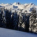 Aussicht beim Vorgipfel P.1926m über den winterlichen Bergwald zu den auf der gegenüberliegenden Talseite stehenden Gipfel Dent de Savigny (2252,2m), Dent de Ruth (2236,2m) und Wandflue (2132,8m).