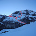 W-Flanke über dem Fründengletscher: rechts Aufstiegs-, links Abfahrtsroute