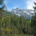 Durchblick im Wald, namentlich zur Westlichen Karwendelspitze. In der Vergrößerung ist die Bergstation der Karwendelbahn zu erkennen.