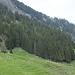 Blick von Vorder Grund zur steilen Alp des Schafschimbrig; hier führt der markierte Weg durch.