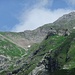 Hinter Grauspitz (Schwarhorn) von Süden. Darunter Schafälpli, welches als guter Routenpunkt bei der Besteigung des Vorder Grauspitzes dient (Aufstieg in den Sattel, dann links über den Grat).