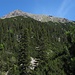 Kurz vor der Zwerchenbergalpe hat man vom Weg aus zum ersten Mal Blickkontakt mit dem Gipfelkreuz des Westlichen Geierkopfs.
