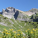 Unterwegs zwischen Bad und Fläscher Alp - Ausblick zu unseren Tourenzielen. Östlich (rechts) neben dem Gipfel des Vorder Grauspitz ist der durch eine kleine Scharte getrennte "Vorgipfel" zu erkennen.