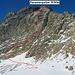 Die Route (T6; Fels bis II) durch die Südwand der Parseierspitze (3036m). Foto vom unteren Ende des Grinnerferners.