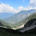 Rückblick durchs Schafkartal zur Stanzacher Pleisspitze, links die Leilachspitze in Wolken 