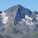 Blick zum Gross Muttenhorn, dem Ziel des nächsten Tages. Aufstiegsroute (gelb)