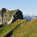 Der Fälenschafberg in Konkurrenz mit dem Tödi. Der Schlussaufstieg ist sehr steil und verläuft zwischen den beiden Felsriegeln, rechts des Gipfels.