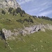 In der Mitte des Bildes erkennt man das Felsband rechts von der Alphütte in Unter Stafel, oberhalb dessen man über hohes Gras zur Trosegg schreitet.