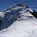 Unsere Aufstiegsroute über den Nordwestgrat (Cresta delle Bosses / Arête des Bosses) zum Mont Blanc (4810,45m). Dabei kommt man auf der Route am höchsten Punkt Italiens vorbei der eine Höhe von 4760m hat.
