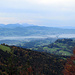 Ober- und Zürichsee, der Seedamm bei Rapperswil, die Inseln Ufenau und Lützelau. Rigi und Pilatus im Dunst.