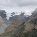 Monte Rosa con i suoi ghiacciai e in basso a sx lago bleu