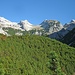 Gäbe es den Steig nicht, käme man wohl nur schwer durch diesen Latschenverhau. Im Hintergrund Rauhkarlspitze, P. 2526 ("Unbenannter Gipfel"), Moserkarspitze, Kühkarlspitze.