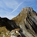 Blick auf die letzten Meter vor dem Leiterepass;
in der fesligen Flanke des Gantrisch' (rechts) verläuft der Klettersteig