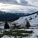 Rückblick über die angezuckerte Mastrilser Alp zu den Bergen Graubündens.