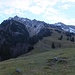 Blick von Turren auf die weitere Aufstiegsroute auf das Nünalphorn: den Grashang hoch und über die leicht bewaldete Fluh hoch. Die Erhöhung in der Bildmitte ist das Stäfelihörnli. Links Nünalphorn.