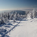 Unterwegs zum Pramenáč - Rückblick während des Schlussaufstiegs zum Gipfel. Hinten ist u. a. der etwa südwestlich gelegene Bouřňák (869 m) samt Skigebiet und Windrädern zu sehen.